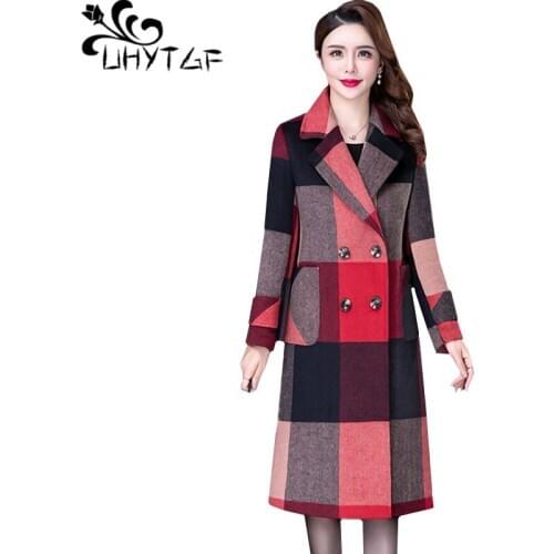 UHYTGF Quality Cashmere Autumn Winter Woolen Coat Fashion Plaid Double Breasted Elegant FemaleJacket Casual Long Outwear 5XL1337