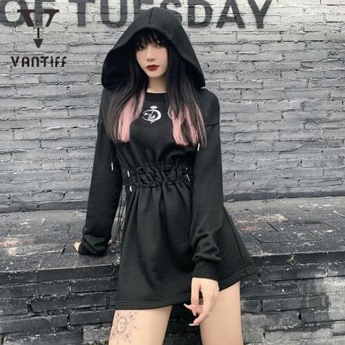 Gothic Woman Hoodie Skirt Fashion Dark Black BF Style Autumn Winter Thin Sweater Dress Women Moon Embroidered Sweater Skirt