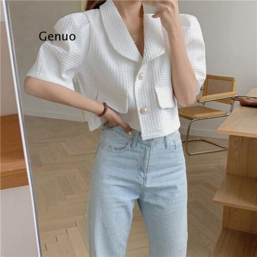 Vintage Elegant OL Wear Short Jacket Women Summer Autumn Tops Solid Loose Puff Sleeve Single-breasted Female Coat