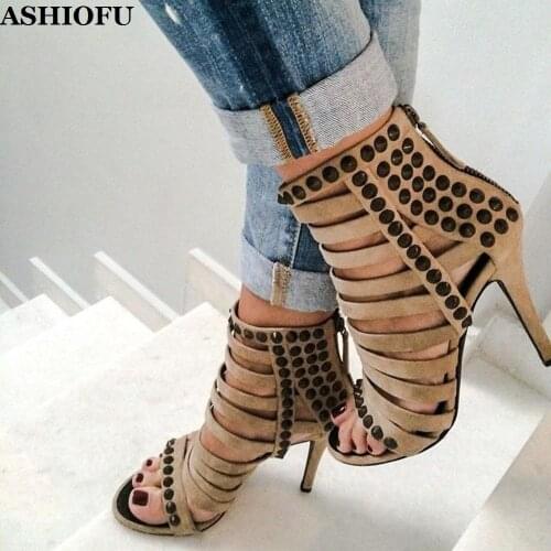 ASHIOFU Classic Handmade Womens High Heel Sandals Black-spikes Sexy Party Prom Summer Shoes Peep-toe Evening Fashion Sandals