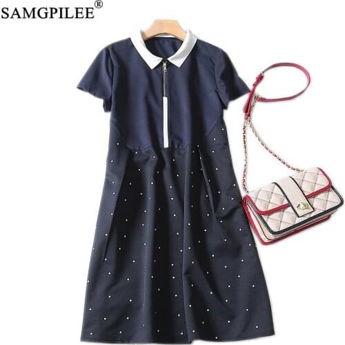 Dresses Woman Summer 2021 New Korean Style Vestido Casual A-line Dot Short Sleeve Chiffon Turn-down Collar Blue Dress Women