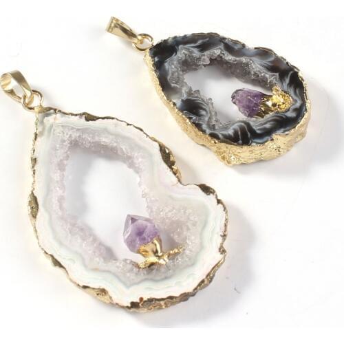 100-Unique 1 Pcs Light Yellow Gold Color Natural Purple Amethysts Quartz Irregular Shape Agates Slice Pendant