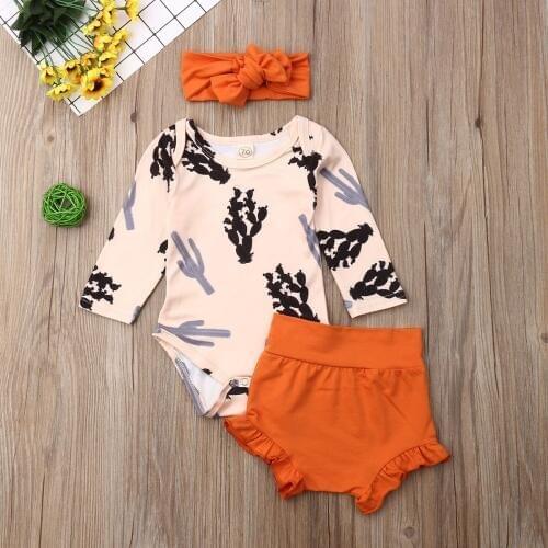 Pudcoco Newborn Baby Girl Clothes Long Sleeve Cactus Print Cotton Romper Tops Short Bib Pants Headband 3Pcs Outfits Clothes