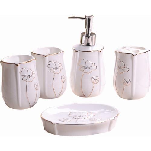 5 pcs Ceramic Bathroom Accessory Set Washing Tools Bottle Mouthwash Cup Soap Toothbrush Holder Household Articles