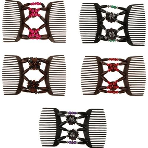 5x Elastic Double Hair Comb With Wooden Bead Easy Hair Clip Hair Jewelry