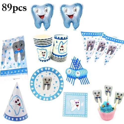 89pcs Teeth Party Hats Balloons Napkins Plates Cups Straws Birthday Party Decorations Baby Shower Party Supplies