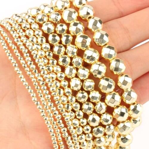 2/3/4/6/8mm Natural Stone Beads Faceted Light Gold Plated Hematite Loose Bead For Jewelry Making DIY Bracelet Accessories