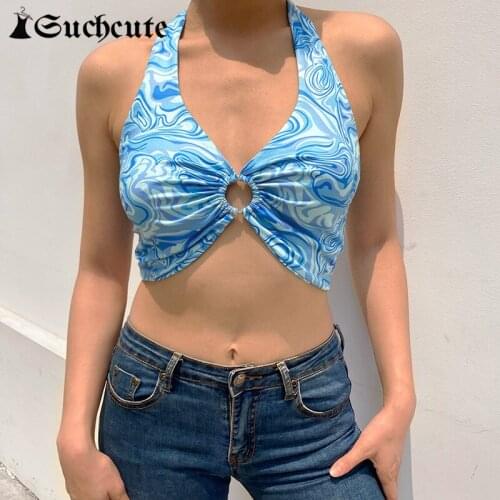 SUCHCUTE Paisley Print Halter Top For Women Sexy V-Neck Hollow Out Beachwear Tank Tops Y2K Aesthetic Party Club Outfits Bustier