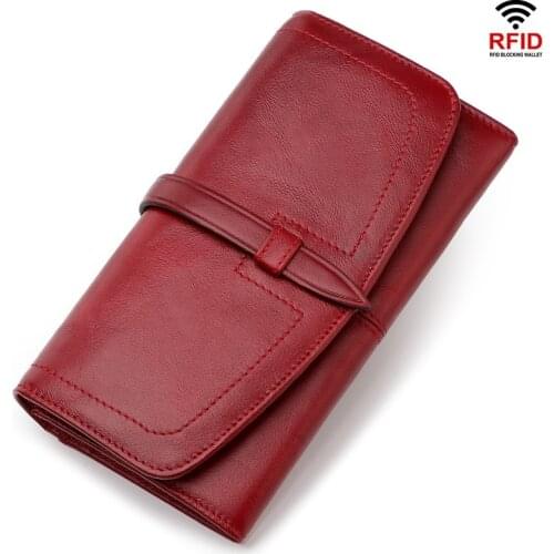 Ladies Red Long Wallet Genuine Leather Women Phone Card Holder Female Party Handy Purse Coin Pocket Clutch Luxury Brand Bags