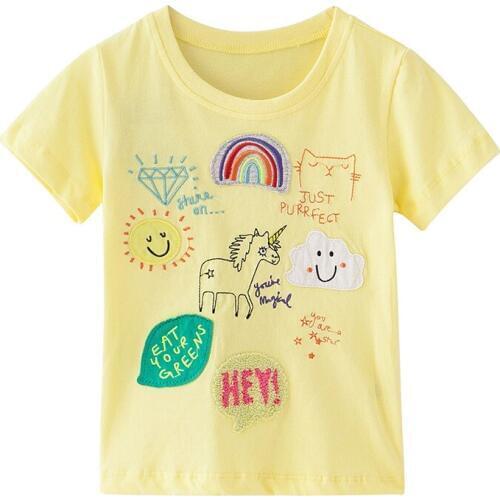 Little Maven New Summer Kids Clothing Short O-neck Yellow Sun Pegasus Rainbow Applique Knitted Cotton Girls Casual Tshirts Tee