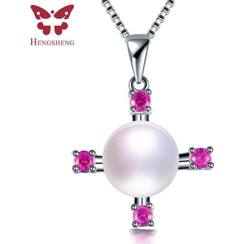 HENGSHENG Hot Sale 100% Genuine Natural Freshwater Pearl Necklace 925 Sterling Silver Cross Zircon Pendant Jewelry