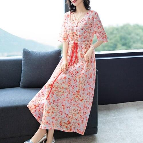 Cotton and linen dress fashion v-neck single-breasted spring and summer new dress waist beautiful printing long dress