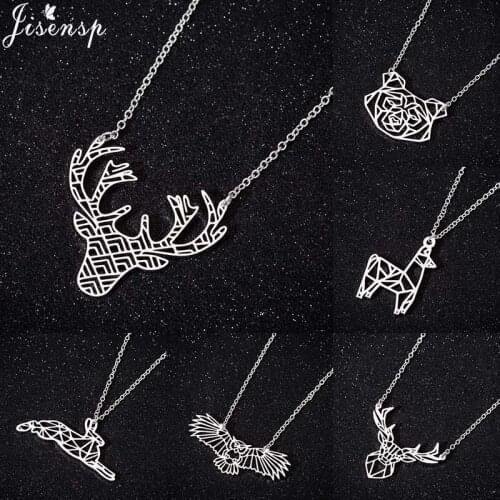 Jisensp Vintage Origami Elk Stainless Steel Pendant Necklace for Women Delicate Animal Deer Choker Necklace Party Gift bijoux