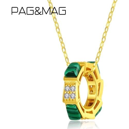 PAG&MAG 100% 925 Sterling Silver Circle Pendant Necklace For Women Natural Malachite Pendant Geometry Pendant Jewelry FN-0318
