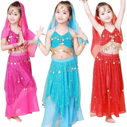 Belly dance costume clothes wear kids dance child children gift indian dance 2pcs-4pcs Top&Skirt&Headband&Bracelet,5 colors