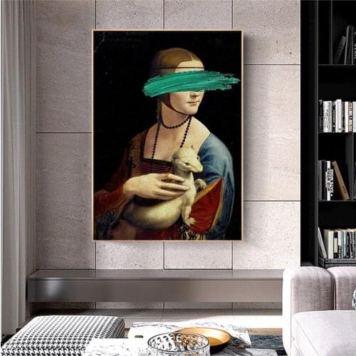 Leonardo Da Vinci-The Lady With An Ermine Canvas Art Paintings Cover Face Pop Art Canvas Picture For living Room Wall Decoration