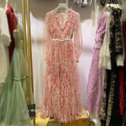 Summer dress bohemian net yarn fungus V-neck seaside vacation floral net yarn long dress woman