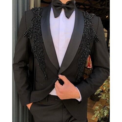 Fashion Two Pieces Black Beading Man suit For Wedding mens suits Custom Made Groom Tuxedo (Jacket+Pants)