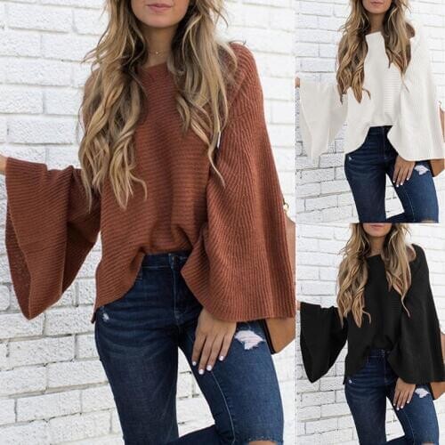2020 New Womens Sweater Trumpet Sleeve Knitted Sweater Fashion Big Sleeve Sweater Explosion In Europe And America Women Sweater