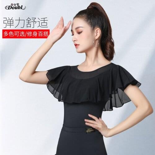 The New Square latin Dance chacha rumba T Shirt Womens Summer Short-Sleeved clothes simple Black Dancing Clothes Dance Costumes