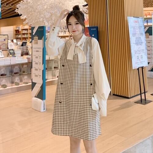Autumn Maternity Two-piece Dress Suits Long Lantern Sleeve Bow Collar Shirts+Plaid Sundress Twinset Formal Pregnancy Clothes Set