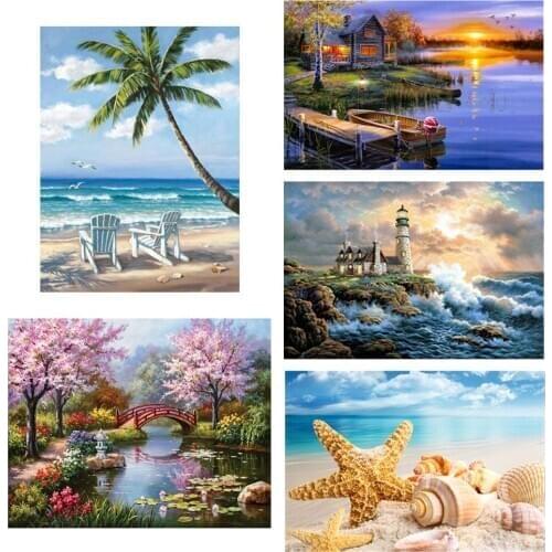 Landscape Stamped Cross Stitch Kits DIY Printed on Canvas Embroidery 14CT Handwork Art Canvas Crafts Needlework Set Home Decor