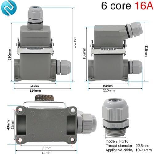 Heavy duty connector hdc-he-06 rectangular six-core high base aviation plug socket waterproof 16A