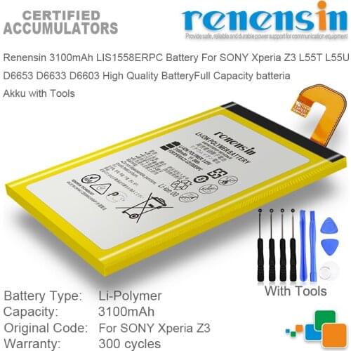 Renensin 3100mAh LIS1558ERPC Battery For SONY Xperia Z3 L55T L55U D6653 D6633 D6603 High Quality BatteryFull Capacity batteria