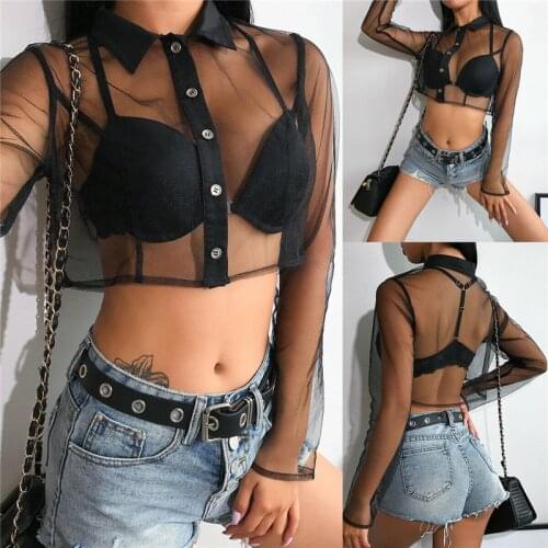 Sexy Womens Mesh Sheer See-through Shirts Lady Long Sleeve Blouses Crop Tops Fishnet Stretch Bare Belly Shirts Clubwear