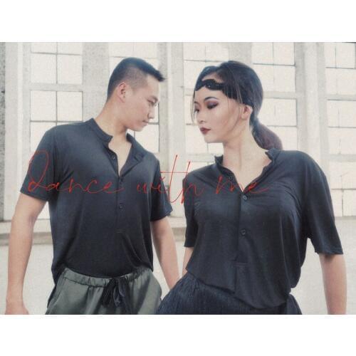 New Latin Dance Tops Men Women Practice Clothes Latin Shirts Loose Black Short Sleeves Ballroom Shirt Adult Dance Costume BI888