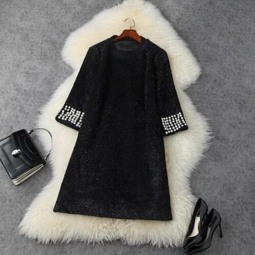 Womens European and American wear 2021 winter new style Seven - point sleeve nail beads Fashionable sparkly black dress