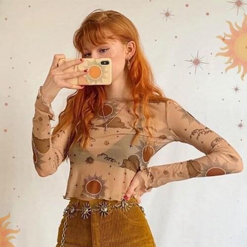 Angel Print Elastic Mesh Shirts for Women 2021 Summer Long Sleeve Vintage Basic Y2k Tops Fashion O Neck Sexy Aesthetic Clothes