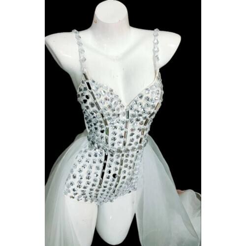 Sexy Fashion Womens Full Rhinestone Skinny Spaghetti Strap Bodysuits White Female DJ Dance Stage Costumes Women Dancer Clothing