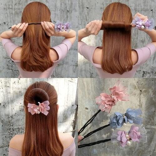 Women Hairpins Elegant Flower Bow Bun Maker Sweet Big Pearls DIY Hair Style Making Tool Ornament Headband Lazy Hair Accessories
