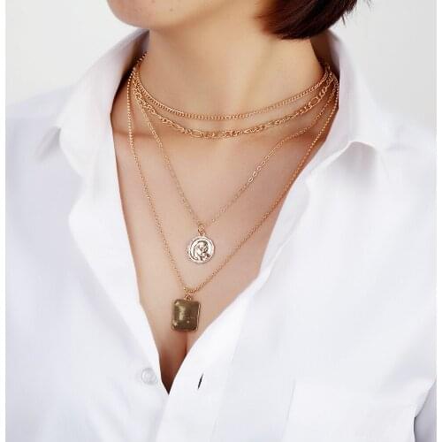 2021 Boho Gold Punk Multilayer Chain Choker Necklace For Women Fashion Vintage Head Coin Geometric Square Pendant Jewelry Gift