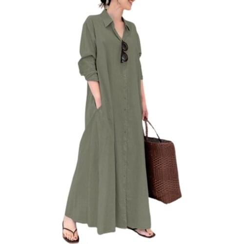 Plus Size Autumn Long Dress for Women Solid Color Single-breasted Shirts Dresses Long Sleeve Lapel Large Hem Dress Streetwear