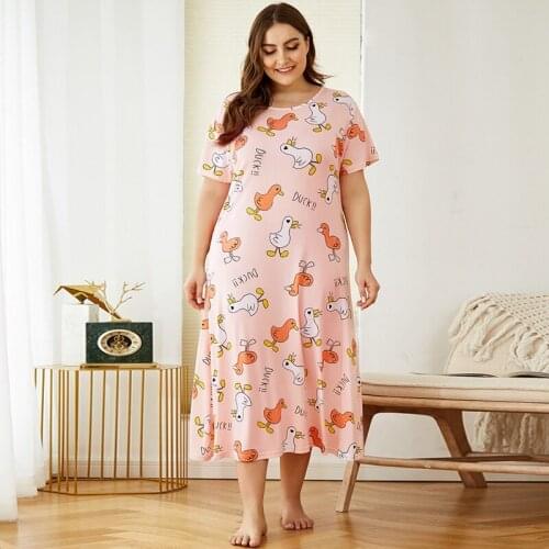 Womens Eve Dress Soft Cartoon Duck Pattern Sleepwear Summer Short-sleeve Breathable Casual Sleepshirts Home Clothes