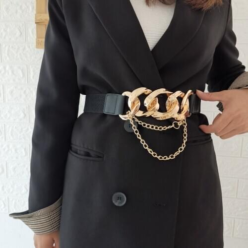Big Gold Chain Design Waistbands Lady Dress Long Tassel Small Chains Plus Size Cummerbunds Coat Black Elastic Waist Seal Women