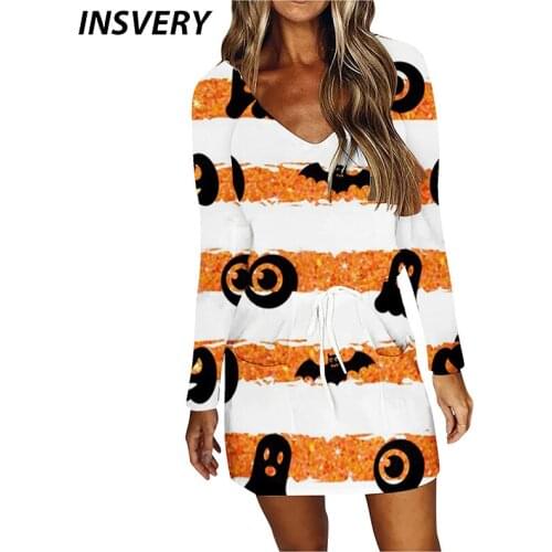 Women Casual Short Dress 2021 Autumn Party Dress Women Fashion Print V Neck Drawstring Pocket Mini Dress Halloween Wear