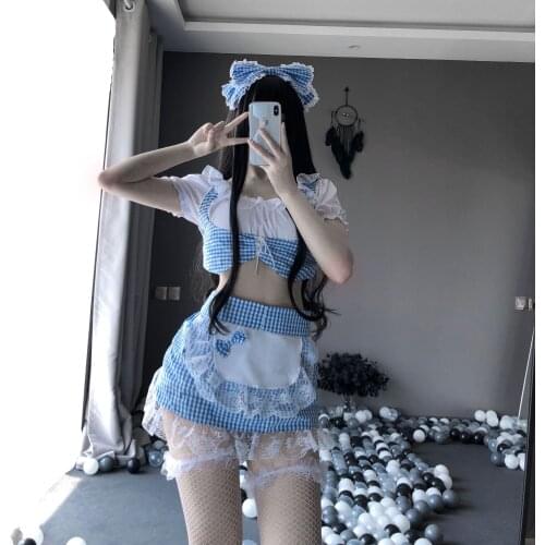 Porno Women Sexy Lingerie Underwear Sleepwear Set Maid Uniform Temptation Cosplay Blue Checked Tops Panties Slutty Clothes