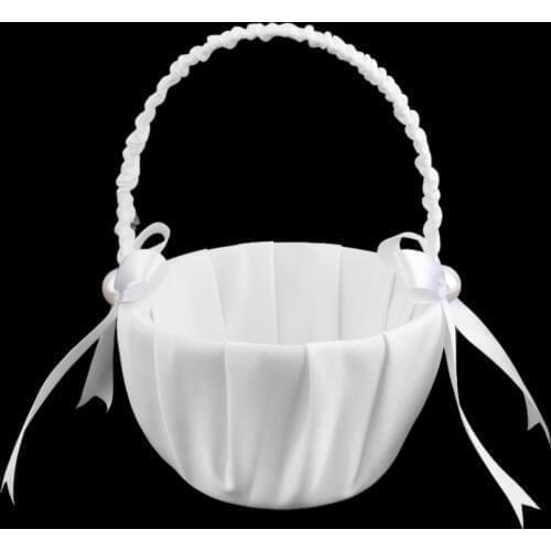 MagiDeal White Satin Pearl Flower Basket Flower Embellishment Girl Scattering Basket for Wedding Ceremony Party