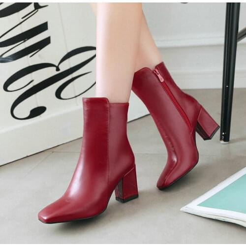 Spring Autumn Womens Short Boots Square Toe Side Zipper Womens Shoes Fashion Square High Heel Winter Breathable Mid Calf Boots