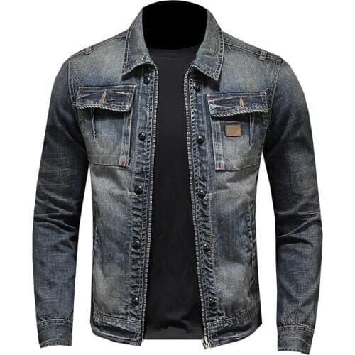 BONJEAN Mens Denim Jackets Vintage Cowboy Cargo Coat Slim Fit Long Sleeve Casual Zipper Biker Jacket Men Coats Outwear Tops