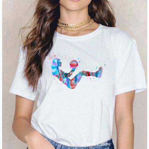 Watercolor girl playing baseball/volleyball/football/skating/fencing/dancing/yo ga print t shirt women cute summer tops