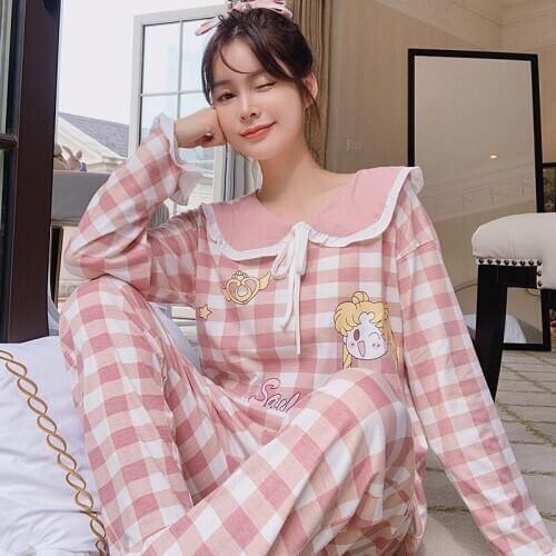 Janpan Kawaii Pijamas Women Doll Collar Cute Nightwear Sleepwear Sailor Moon Anime Homesuit GIrls Sweet Mujer Plaid Home Shirts