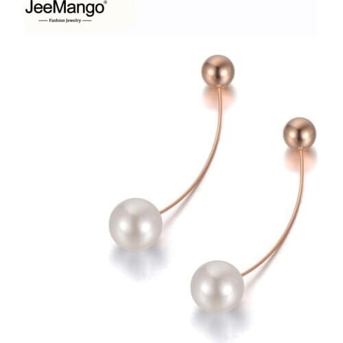 JeeMango New Titanium Steel Geometric Double Beads Pearl Earrings For Women Bohemia Rose Gold Hyperbole Earring Jewelry JE19211