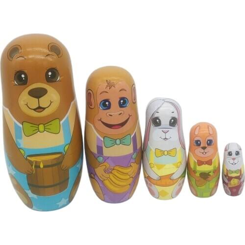 5 PIECES CARTOON SMART BEAR MINIATURE WOODEN MATRYOSHKA RUSSIAN NESTING DOLLS