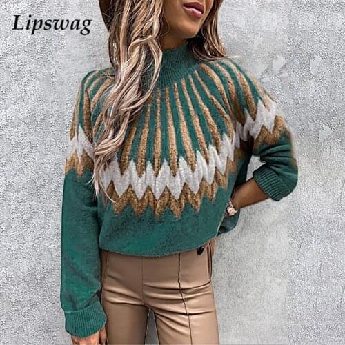 Fashion Autumn Long Sleeve Knitted Sweater Jumpers Women Casual Wave Printed Sweater Winter Turtleneck Warm Tops Pullover Femme