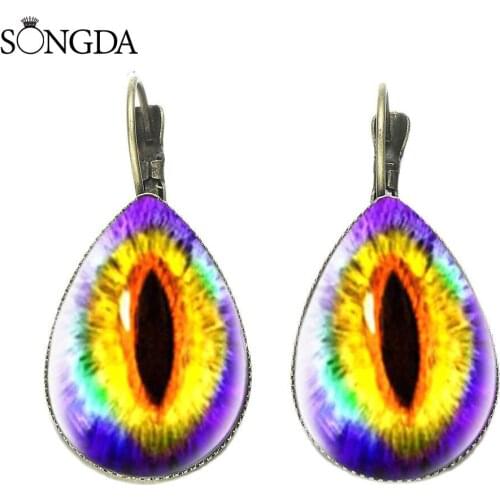 Cool Dragon Eye Charm Earrings Mens Jewelry Green Blue Purple Red Sauron Eyes Print Glass Time Gem Men Women Gifts Accessories