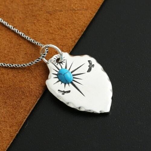 925 Sterling Silver Feather Shield Inlaid turquoise Natural Crystal Men Women Necklace Pendant Jewelry